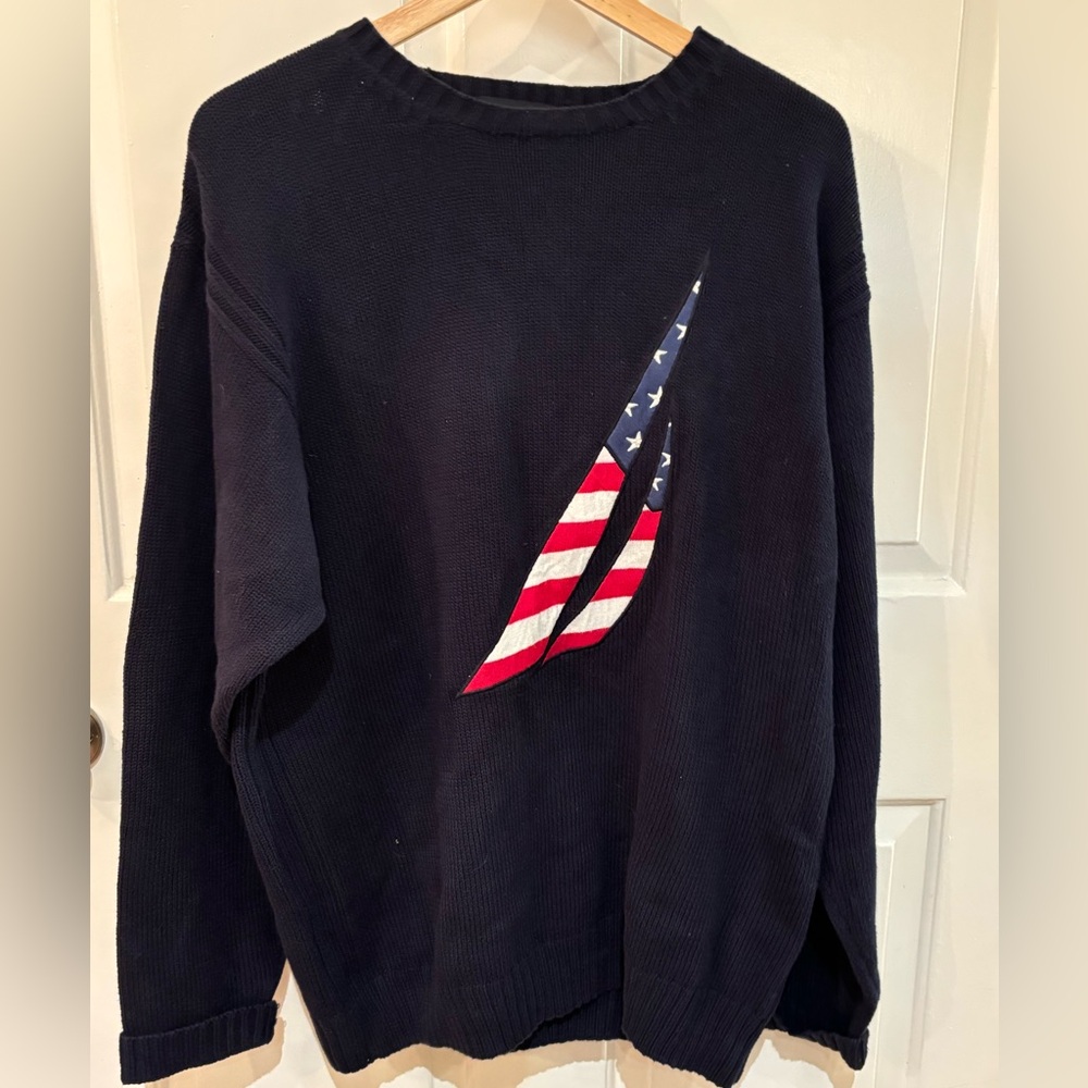 Rare Vintage Nautica Blue Crewneck Jumper Knit Flag Sail Design Sweater ~ SZ XL